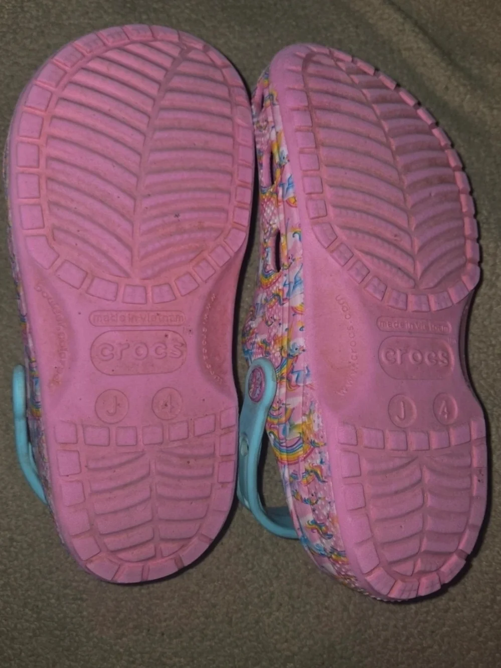 Kids Pink Unicorn & Rainbow Clogs with Blue Heel Strap Crocs Lisa Frank